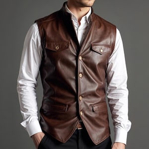 Handmade Brown Leather Gilet - Genuine Sheep Leather Vest - Formal Casual Leather Waistcoat - Vintage Steampunk Vest - Real Leather Vest