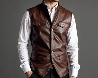 May include: A brown leather vest with a mandarin collar and four button closure. The vest has two chest pockets with button flaps and two lower pockets. The vest is worn over a white dress shirt.