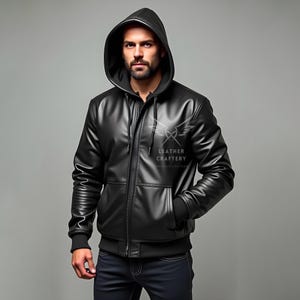 May include: A black leather jacket with a zip fastening and a hooded neckline. The jacket features a logo on the front that reads "Leather Craftery Premium Leather".