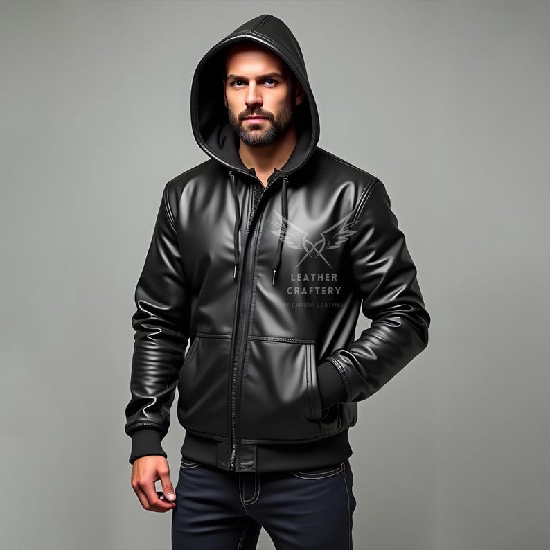 May include: A black leather jacket with a zip fastening and a hooded neckline. The jacket features a logo on the front that reads "Leather Craftery Premium Leather".