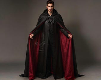Handmade Black Leather Hooded Cloak - Gothic Vampire Cape, Red Lining