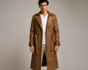 Men's Brown Genuine Leather Trench Coat | Longline Duster, Padded Lapel Steampunk Gothic Cosplay