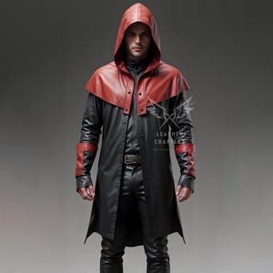Handmade Hooded Leather Trench Coat – Black & Red Cyberpunk Duster image 1