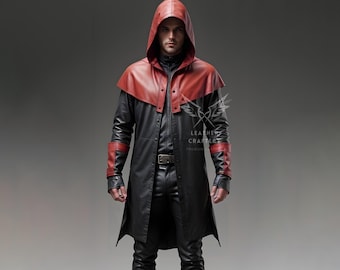 Gabardina de cuero con capucha hecha a mano – Abrigo cyberpunk negro y rojo