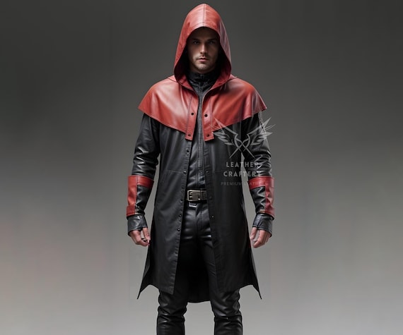 Handmade Hooded Leather Trench Coat – Black & Red Cyberpunk Duster