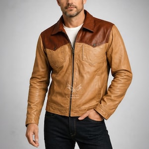 Men’s Two Tone Leather Jacket - Handmade Genuine Cowhide Leather Jacket - Brown Western Cowboy Jacket - Vintage Style Slim Fit Biker Coat