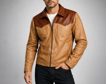 Men's Two Tone Genuine Cowhide Leather Jacket – Handmade Western Biker Style Coat