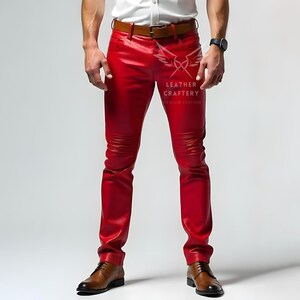 Men&#39;s Genuine Sheep Leather Pants - Red Slim Fit Designer Trousers - Handmade Real Leather Jeans - Fetish Biker Clubwear - Gift For Men