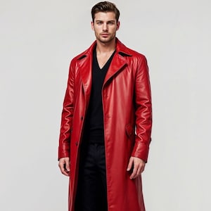 Men&#39;s Red Genuine Leather Trench Coat - Long Gothic Matrix Style Overcoat, Vintage 90s Cosplay Duster Jacket, Handmade Red Leather Long Coat
