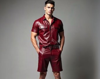Men's Burgundy Leather Outfit – Genuine Sheep Leather Shirt and Shorts