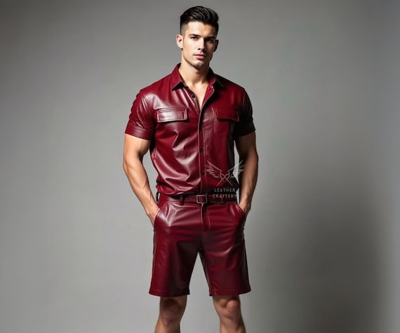 Men's Burgundy Leather Outfit – Genuine Sheep Leather Shirt and Shorts