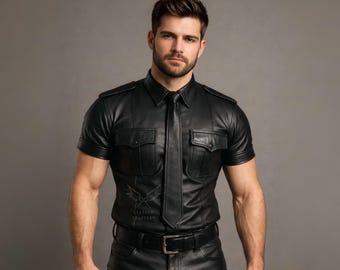 Men’s Genuine Black Sheep Leather Shirt - Handmade Police Uniform Top - Fetish Biker Moto Shirt - Premium Gift for Him