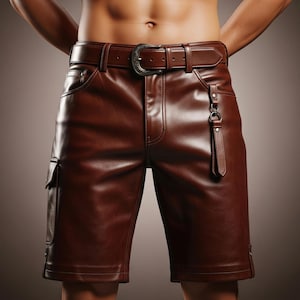 Men&#39;s Genuine Brown Leather Shorts - Handmade Sheep Leather Cargo Style Shorts - Gothic Steampunk Biker Shorts - Streetwear Shorts For Him