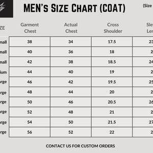 May include: A size chart for coats in inches. The chart lists sizes from 2X-Small to 5X-Large and includes measurements for garment chest, actual chest, cross shoulder, and sleeve length.