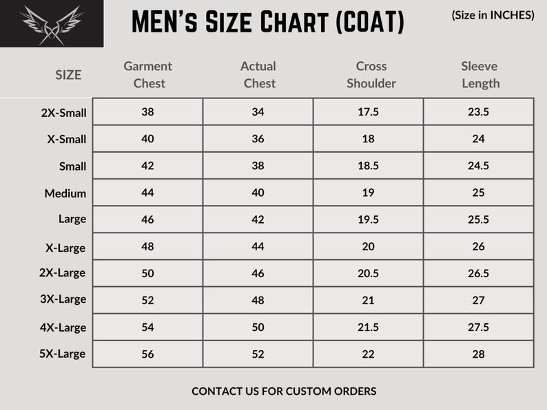 May include: A size chart for coats in inches. The chart lists sizes from 2X-Small to 5X-Large and includes measurements for garment chest, actual chest, cross shoulder, and sleeve length.
