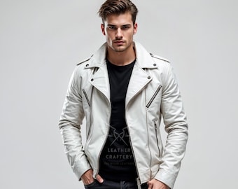 Men's White Sheepskin Leather Biker Jacket | Handmade Moto Coat