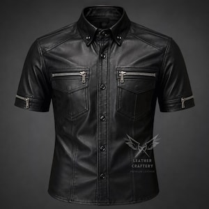 Chemise en cuir noir faite main - Chemise de motard à manches courtes boutonnée avec poches zippées - Haut de style gothique militaire