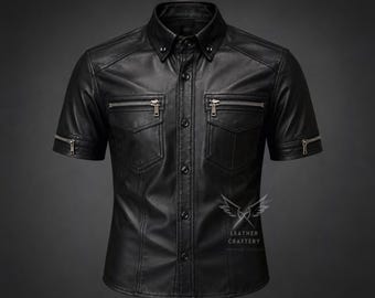 Handmade Black Sheepskin Leather Shirt – Short Sleeve Biker Gothic Military Style Top