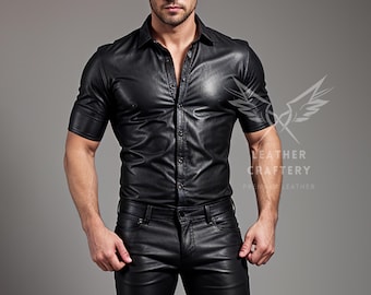 Handmade Black Leather Shirt – Men's Slim Fit Biker, Short Sleeve