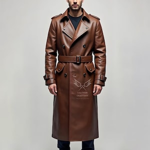 Men&#39;s Brown Leather Trench Coat | Genuine Sheep Leather Duster Jacket | Steampunk Gothic Long Coat | Handmade Dark Brown Leather Trench Coat