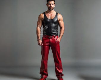 Handmade Red Leather Pants & Black Tank Top Outfit - Rave Festival Set