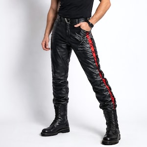 Men's Black Sheepskin Leather Biker Pants – Lace-Up Gothic Punk Slim Fit