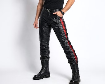 Men's Black Sheepskin Leather Biker Pants – Lace-Up Gothic Punk Slim Fit
