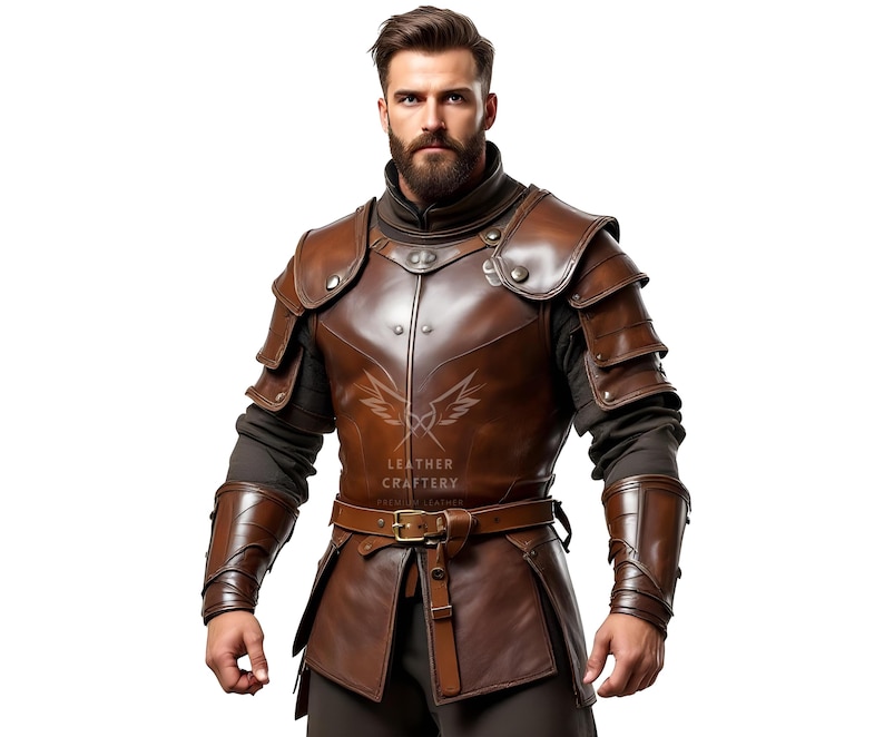 May include: Brown leather armour featuring shoulder pauldrons, layered chest plates, and arm guards. The armour has a belt with a gold buckle and is worn over a black long-sleeve shirt. The image has the text "LEATHER CRAFTY" on the chest.