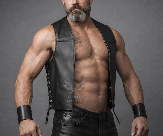 Handmade Cowhide Leather Vest - Black Biker Motorcycle Waistcoat