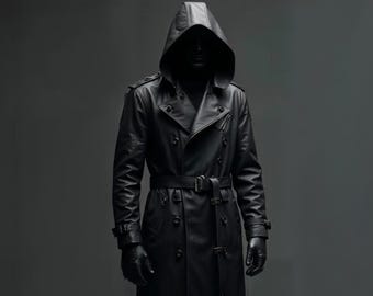 Gabardina de cuero genuino hecha a mano con capucha - Abrigo gótico cyberpunk