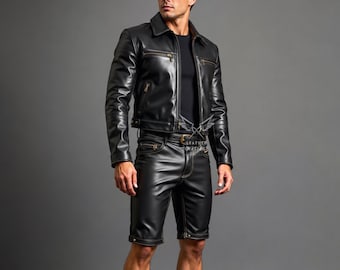 Men's Handmade Sheepskin Leather Biker Jacket and Shorts Set – Luxury Motorcycle Outfit