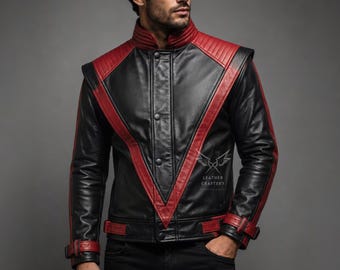 Handmade Red Black Leather Jacket | V-Strap Rock Star Costume (Made to Order)