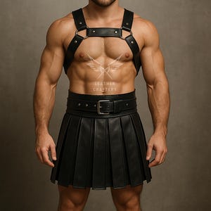 Pode incluir: Arn&ecirc;s e kilt plissado em couro preto. O arn&ecirc;s apresenta uma tira no peito e al&ccedil;as conectadas por an&eacute;is de metal. O kilt tem um cinto largo com fivela prateada. Logotipo Leather Craftery vis&iacute;vel.