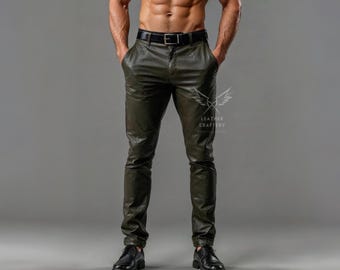 Handmade Olive Green Leather Pants – Slim Fit Sheep Leather Trousers