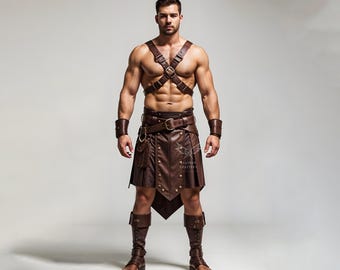 Handmade Leather Gladiator Costume – Brown Warrior Kilt & Harness Outfit