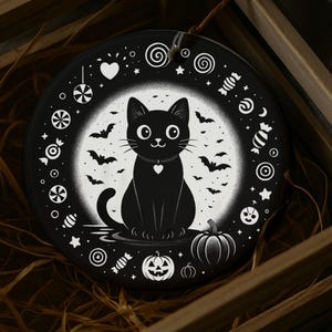 Personalized Halloween Ornament | Black Cat Under Moon With Bats & Candy | Spooky Cute Keepsake