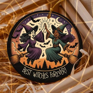 Personalized Ornament | Best Witches Forever Halloween Gift for Friends, Retro Witch Broomstick Design