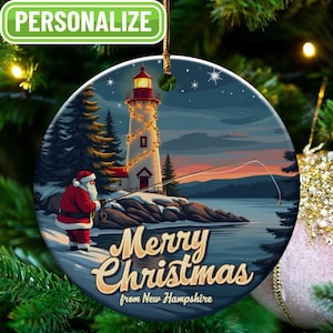 New Hampshire Merry Christmas Ornament, Personalizable Christmas Tree Decor, Holiday Lighthouse Santa, Santa Fly Fishing