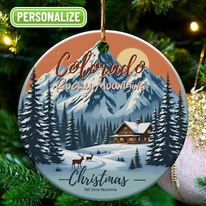 Colorado Rocky Mountains Christmas Ornament, Winter Cabin Scene, Personalized