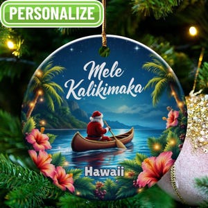 Hawaii Christmas Ornament, Mele Kalikimaka Personalized Ornament, Tropical Santa in Canoe Tree Decoration