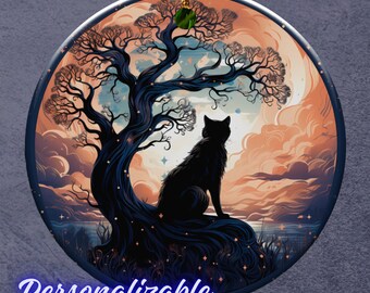 Universal Unfolding Tree of Life Ornament | Cat and Tree Silhouette Moon Phase | Mystical | All-Occasion | Personalized | Cat Lover Memorial