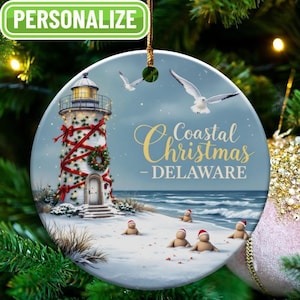 Delaware Coastal Christmas Ornament, Personalizable Christmas Gift, Beach Holiday Decor, Lighthouse Christmas Tree Ornament, Sandmen