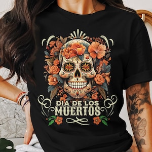 Manches courtes, T-shirt tête de mort Dia De Los Muertos, Chemise tête de mort en sucre colorée, T-shirt Le Jour des Morts, Chemise des Fêtes mexicaines, Motif floral tête de mort