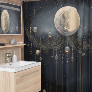 Celestial Hanging Globes Moon Phases Shower Curtain | Boho Bathroom | Themed Bath Accessory | Unique Planetary Design | Magickal Mystical