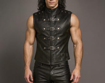 Handmade Gothic Buckle Leather Vest - Punk Rock, Steampunk Style