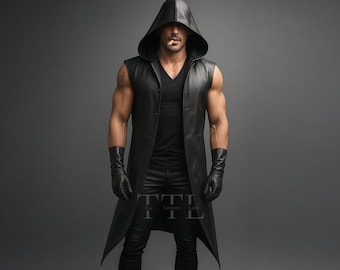 Genuine Leather Hooded Vest - Sleeveless Gothic Cyberpunk Outfit