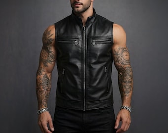 Men's Genuine Leather Biker Vest - Handmade Cowhide Motorcycle Waistcoat