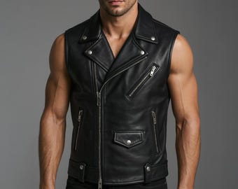 Handmade Sheepskin Leather Biker Vest – Punk Moto Waistcoat