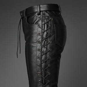 Men&#39;s Black Lace Up Leather Pants - Side & Fly Laced Biker Trousers - Gothic Rock Style Leather Pants - Handmade Slim Fit Festival Punk Pant
