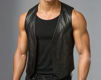 Handgemaakt schapenvachtleren vest – motorgilet met open voorkant